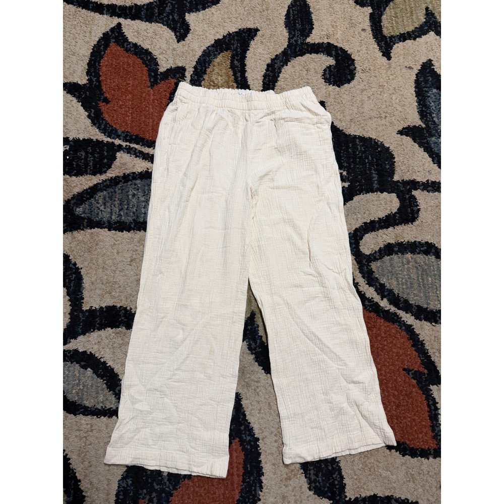 Wonderly Womens XL Cream Gauze Pants 100% Cotton Elastic Waist Wide Leg Trousers